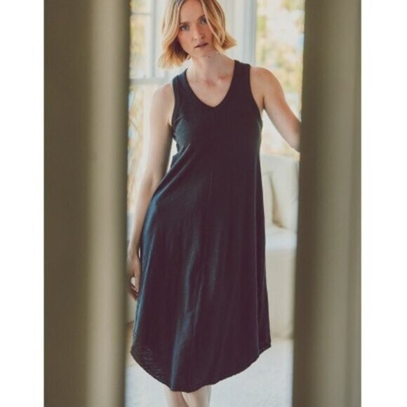 Leallo Ana Racerback Tank Dress L Black Sleeveless Slub Cotton Midi Minimalist - Picture 1 of 8